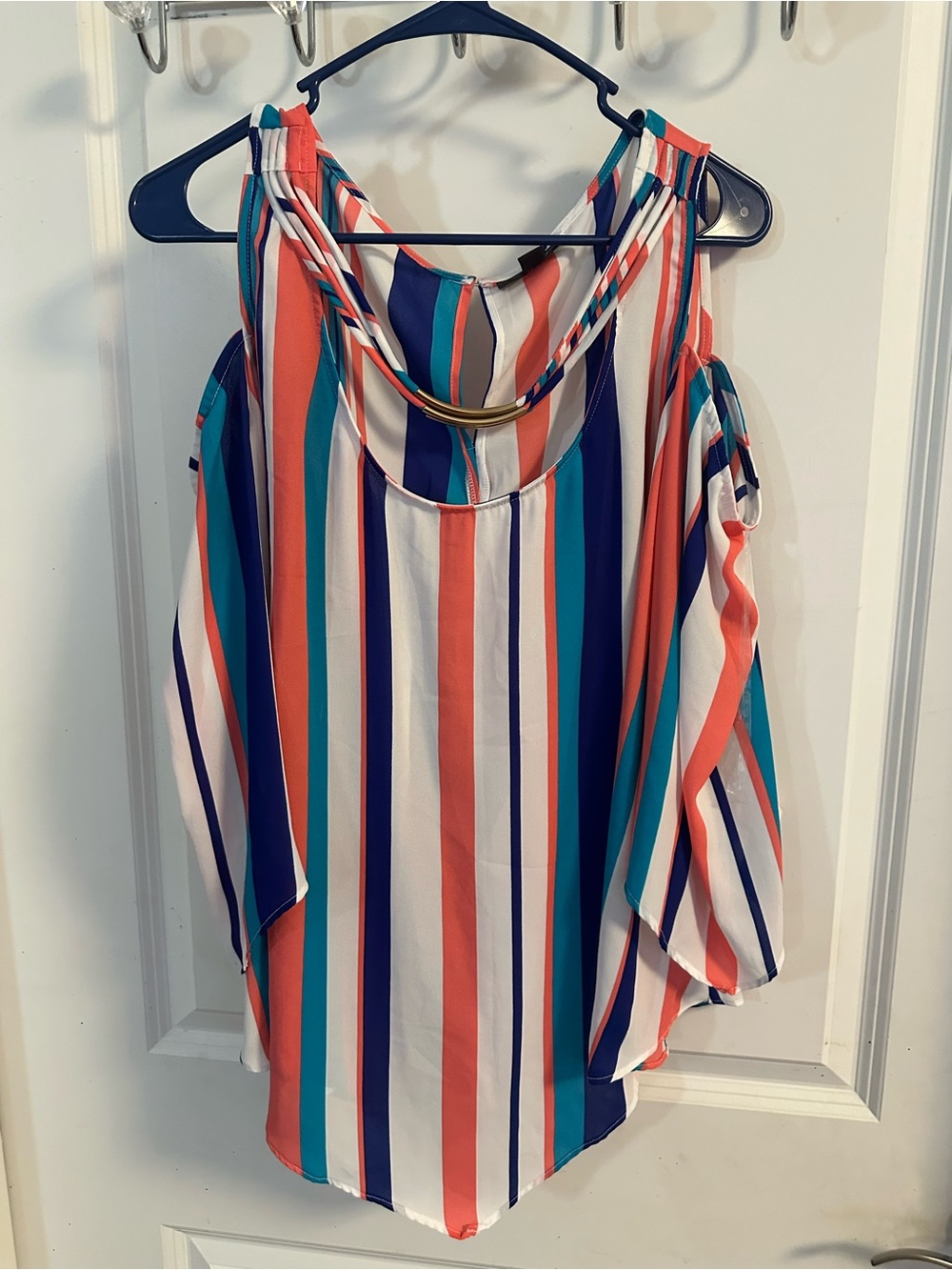 Source Unknown Cold-Shoulder Striped Blouse - Coral, Teal, Navy & White